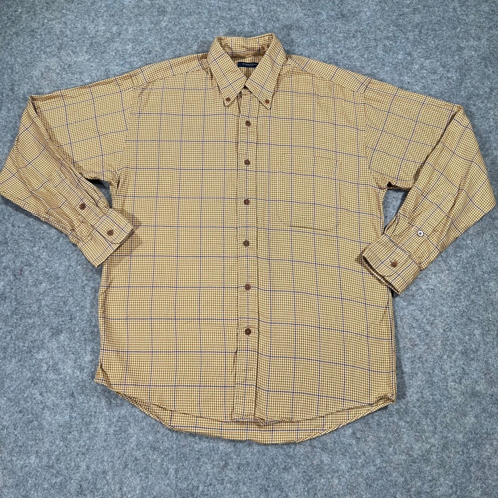 Burberry Shirt Mens M Tan Cotton Houndstooth Plaid Button Down Long Sleeve Top